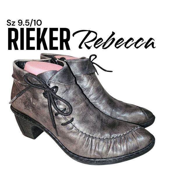 RIEKER REBECCA 9.5/10 Antistress Side Zip & Lace Up Leather Heel Ankle Booties - Picture 1 of 12